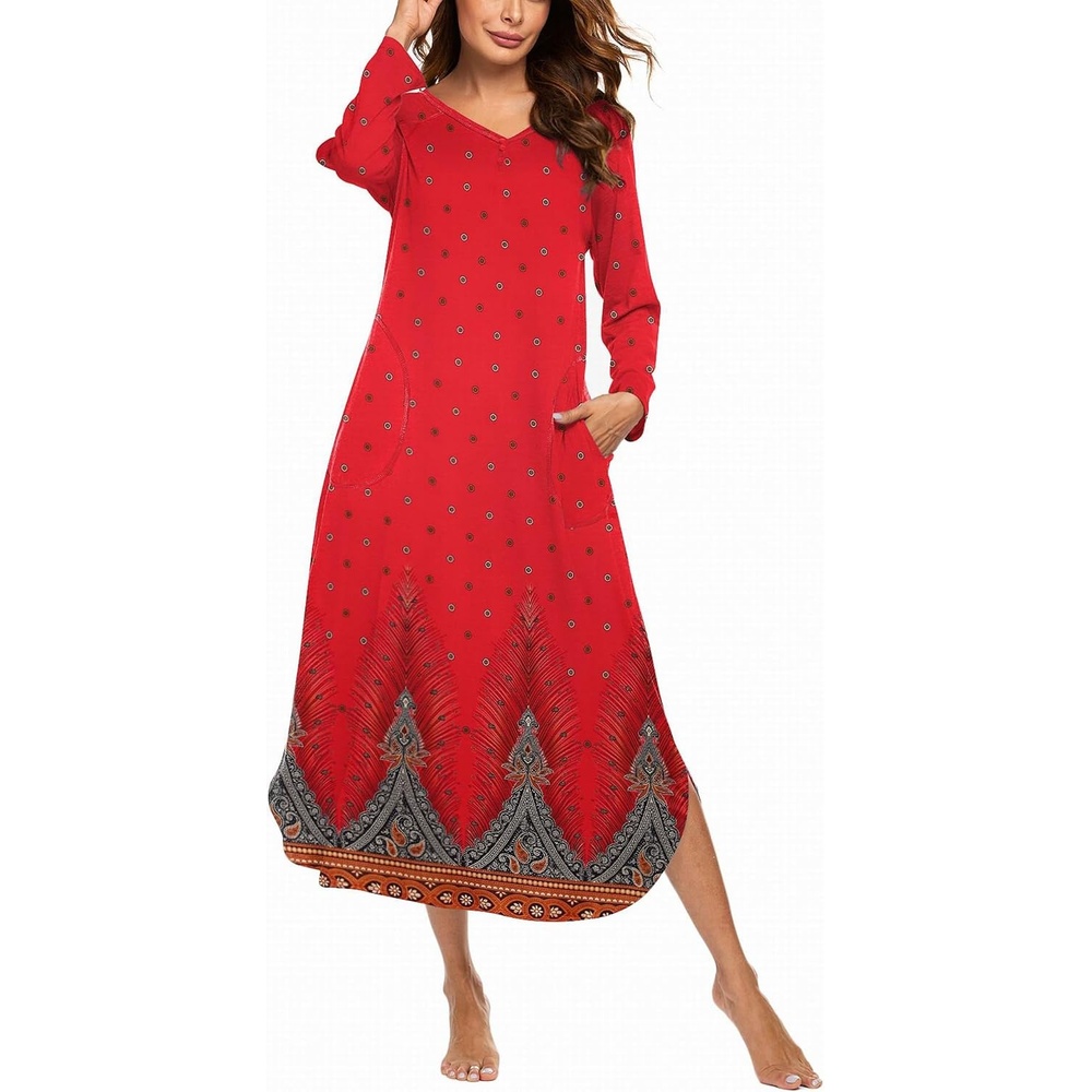 image:imageEkouaer Long Nightgowns for Women Long Sleeve House Dress with PocketsRed Feather