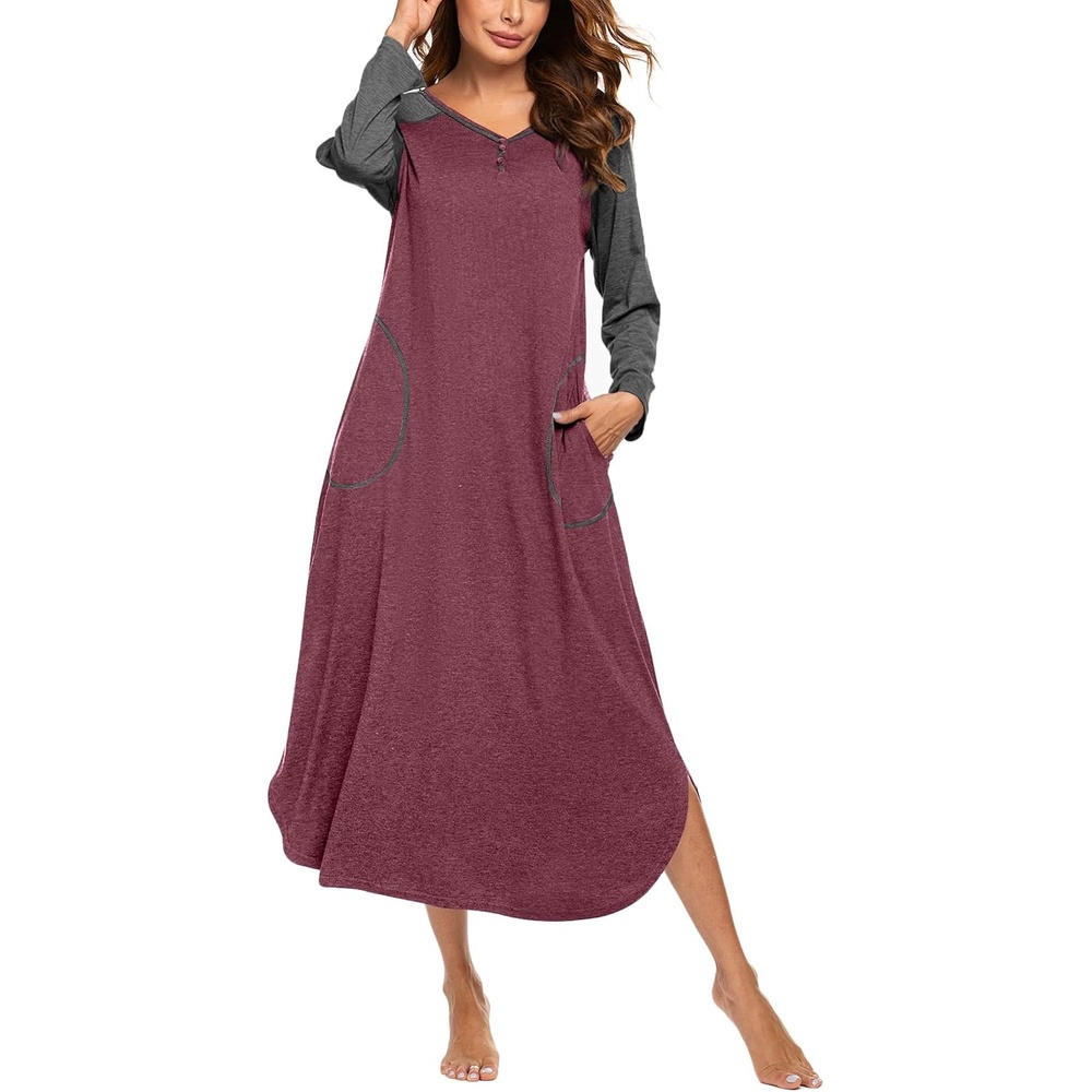 image:imageEkouaer Long Nightgowns for Women Long Sleeve House Dress with PocketsWine Red