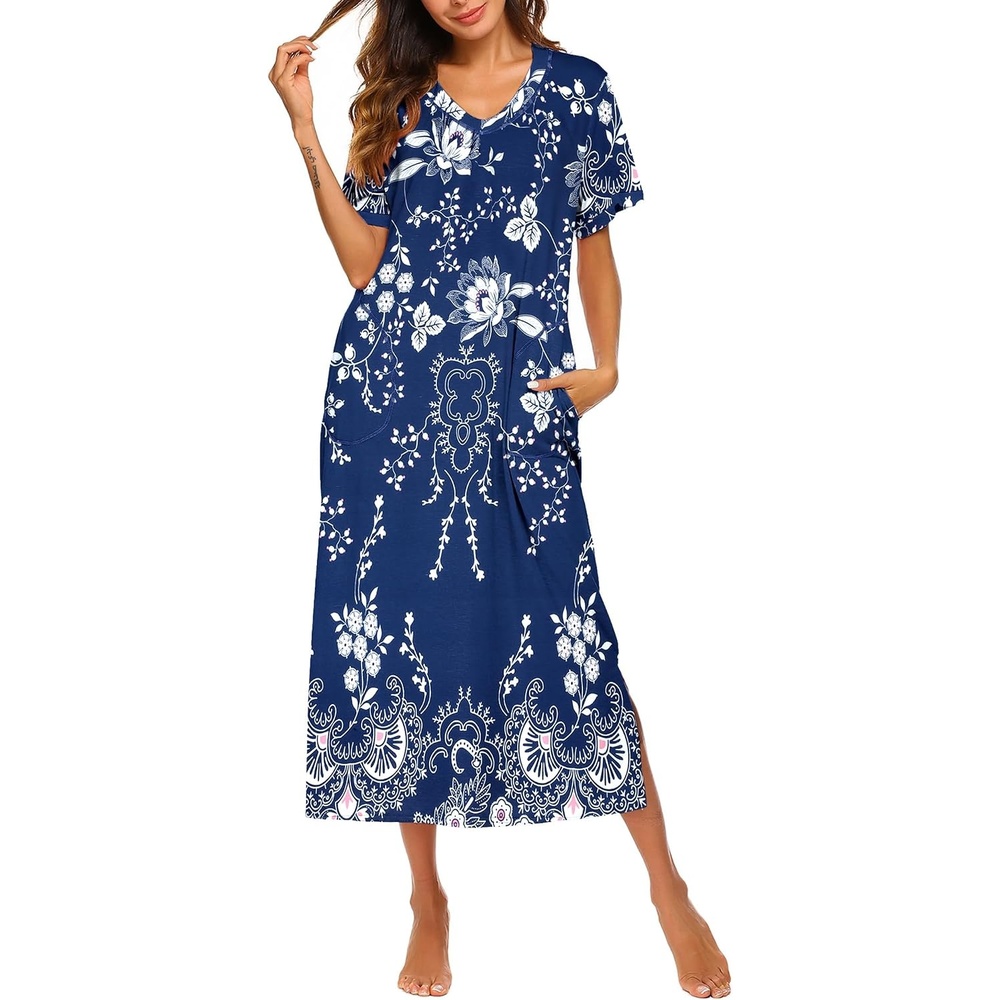 image:imageEkouaer Long Nightgowns for Women Short Sleeve Night Gown with PocketsBlue Ethnic Flower
