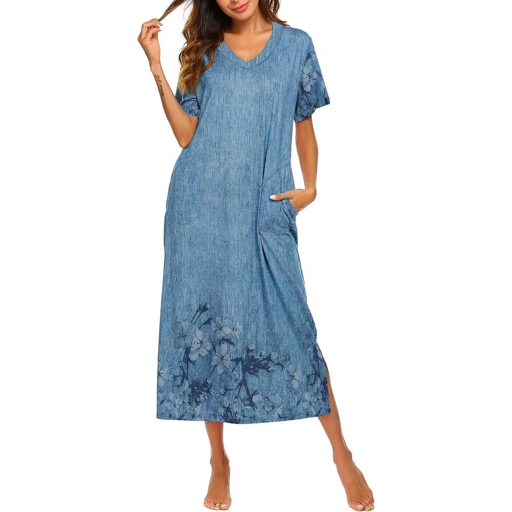 image:imageEkouaer Long Nightgowns for Women Short Sleeve Night Gown with PocketsBlue Ink Flower