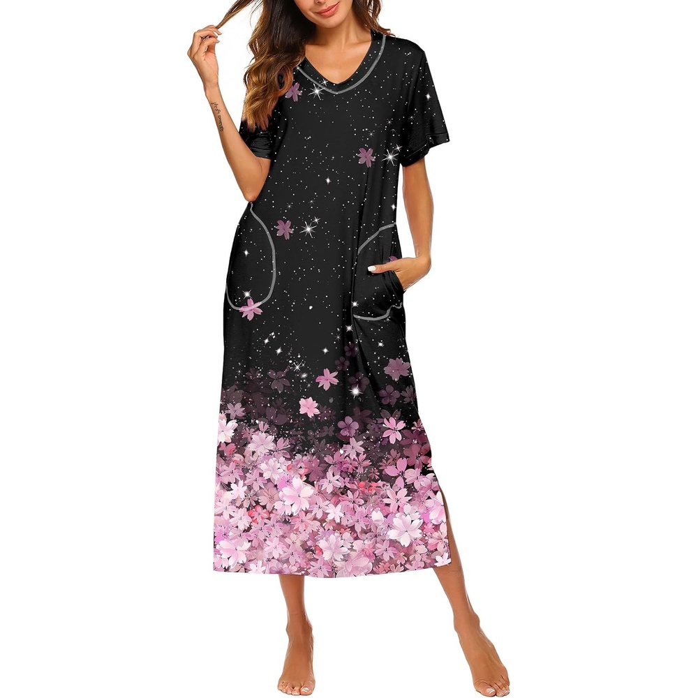 image:imageEkouaer Long Nightgowns for Women Short Sleeve Night Gown with PocketsCherry Blossoms