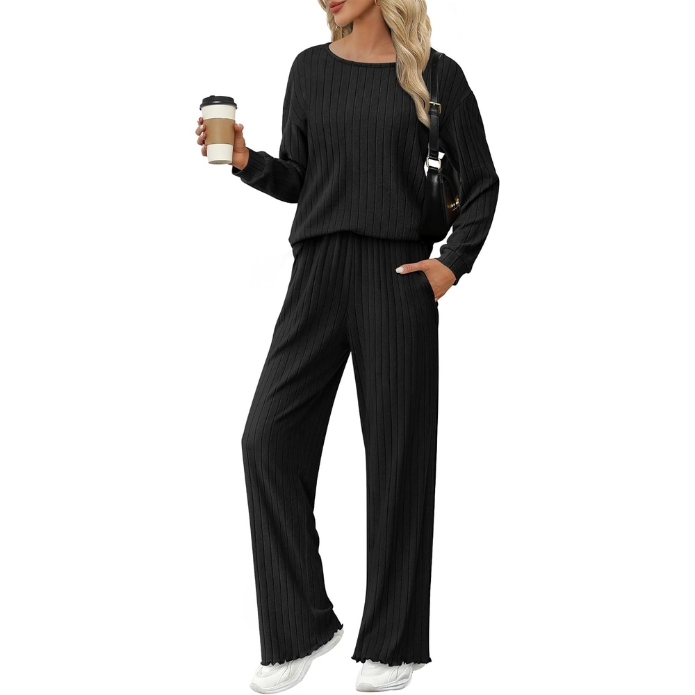 image:imageEkouaer Lounge Sets for Women Ribbed Knit Long Sleeve 2 Piece Pajama SetsBlack