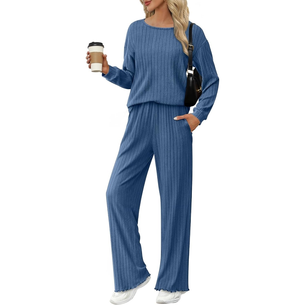 image:imageEkouaer Lounge Sets for Women Ribbed Knit Long Sleeve 2 Piece Pajama SetsBlue