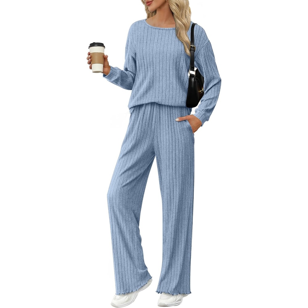 image:imageEkouaer Lounge Sets for Women Ribbed Knit Long Sleeve 2 Piece Pajama SetsClear Blue