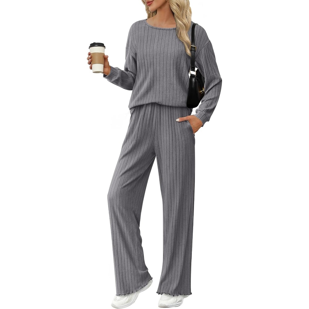 image:imageEkouaer Lounge Sets for Women Ribbed Knit Long Sleeve 2 Piece Pajama SetsGrey
