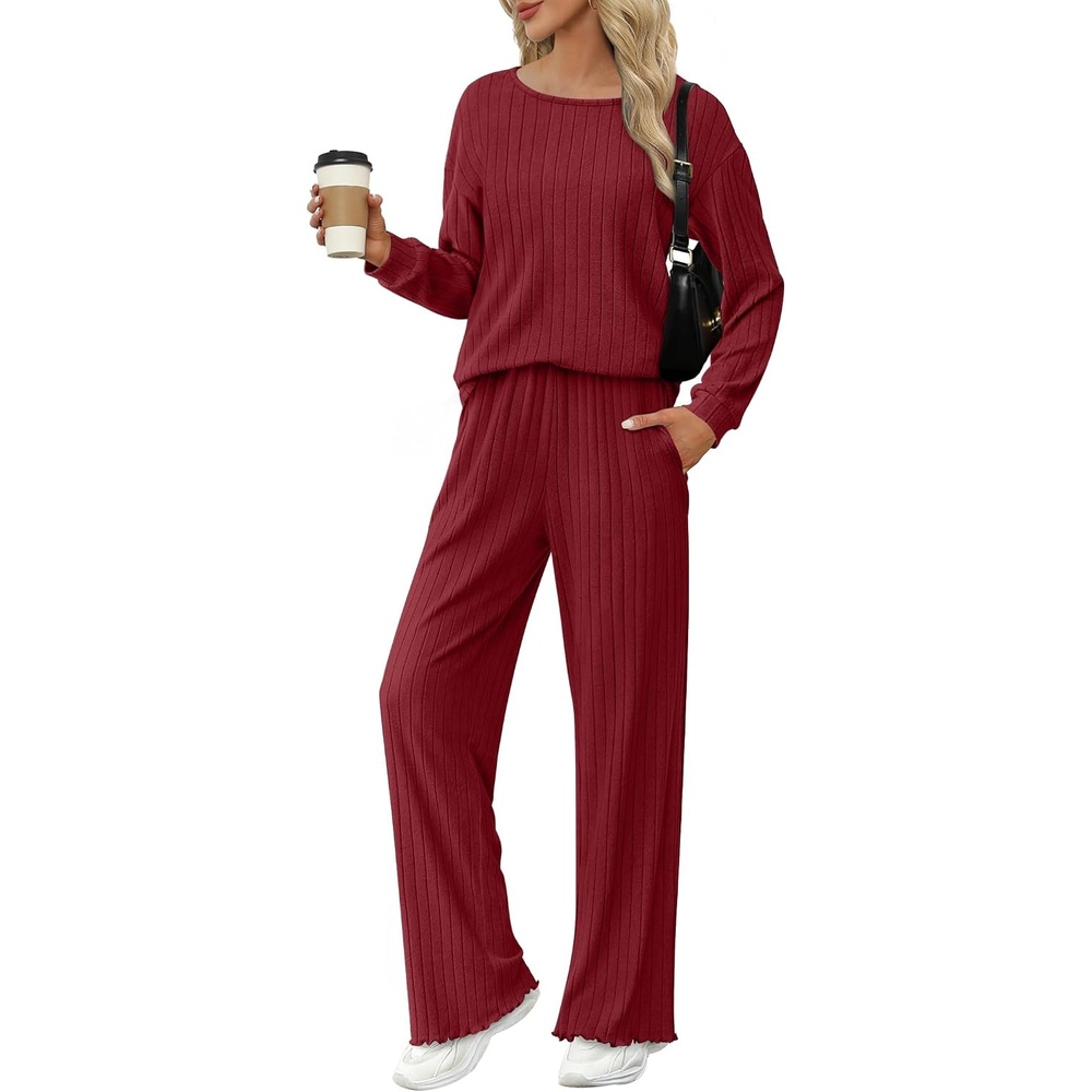 image:imageEkouaer Lounge Sets for Women Ribbed Knit Long Sleeve 2 Piece Pajama SetsWine Red
