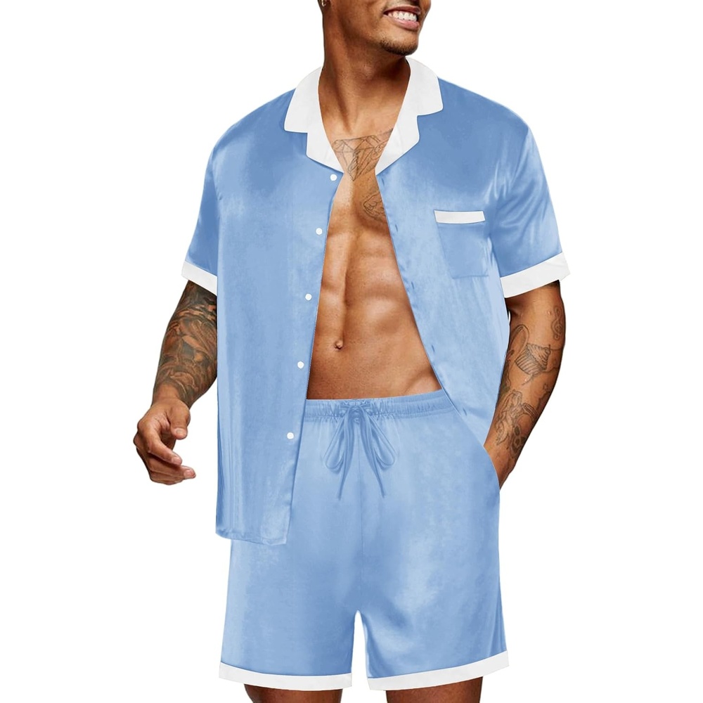image:imageEkouaer Men Silk Pajamas Set 2 Pieces Satin Pj Button Down Loungewear SetsBlue