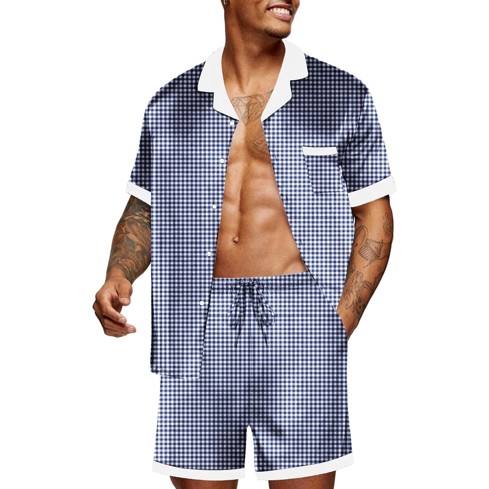 image:imageEkouaer Men Silk Pajamas Set 2 Pieces Satin Pj Button Down Loungewear SetsBlue Plaid