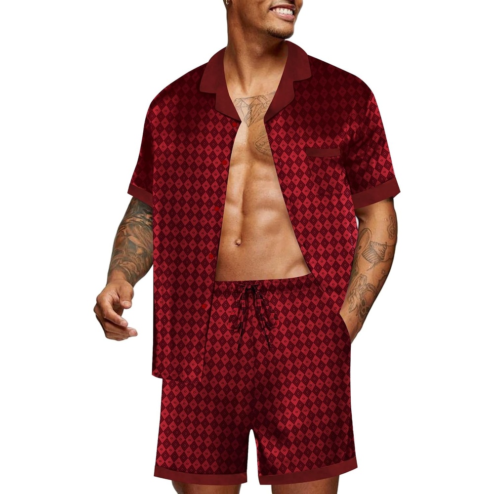 image:imageEkouaer Men Silk Pajamas Set 2 Pieces Satin Pj Button Down Loungewear SetsBurgundy Black