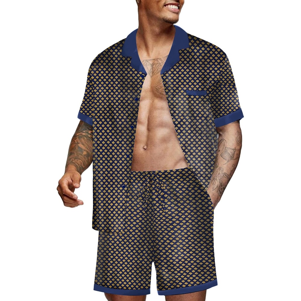 image:imageEkouaer Men Silk Pajamas Set 2 Pieces Satin Pj Button Down Loungewear SetsGeometric Yellow