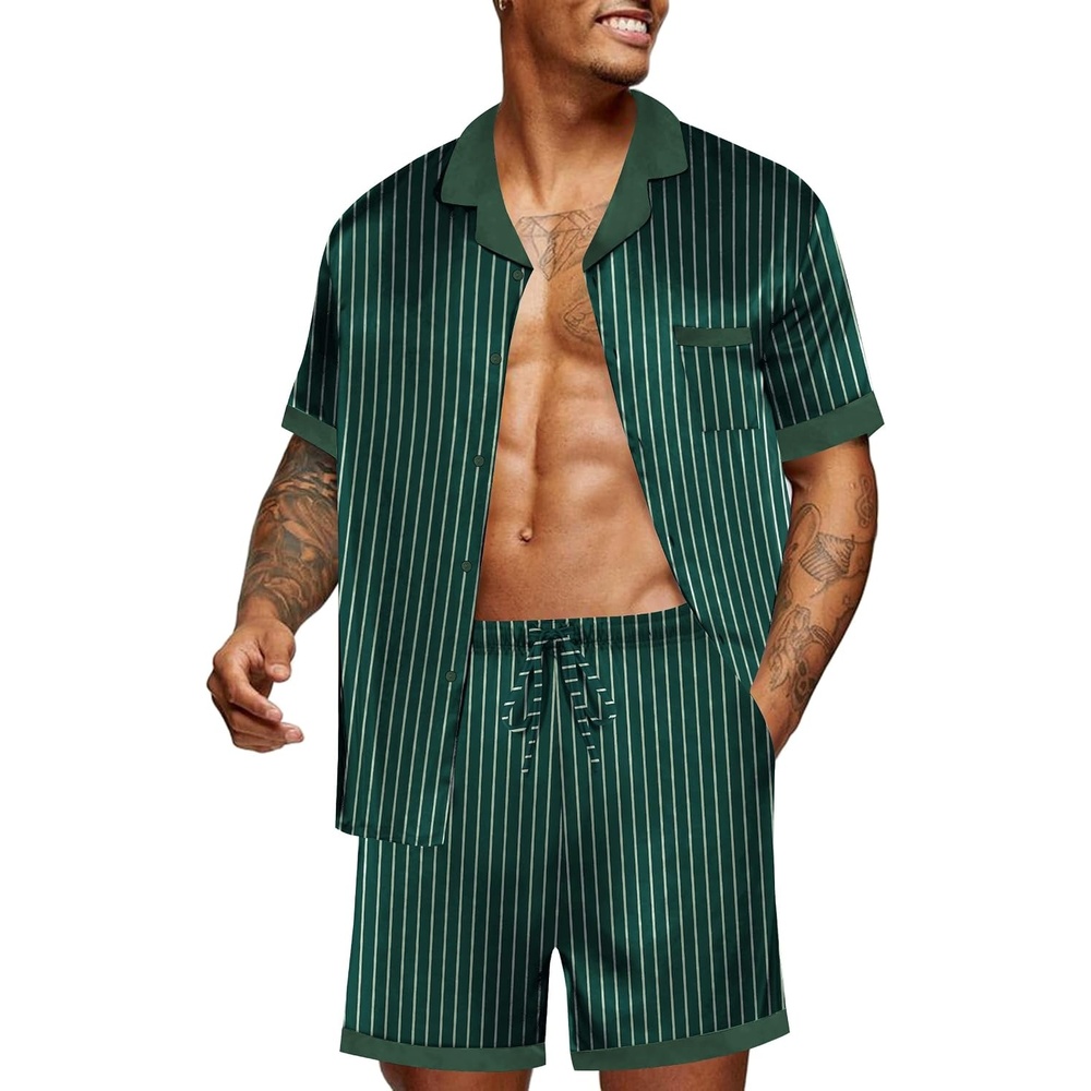 image:imageEkouaer Men Silk Pajamas Set 2 Pieces Satin Pj Button Down Loungewear SetsGreen Striped