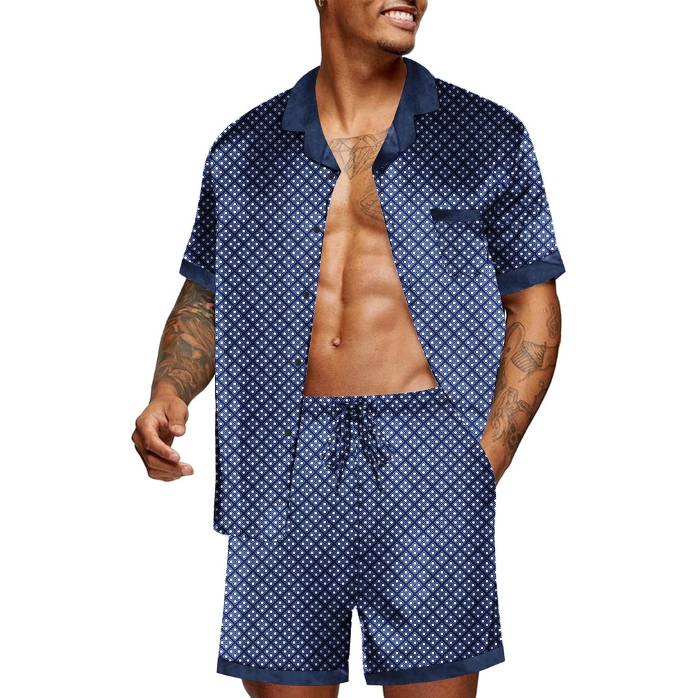 image:imageEkouaer Men Silk Pajamas Set 2 Pieces Satin Pj Button Down Loungewear SetsNavy Blue Geometry