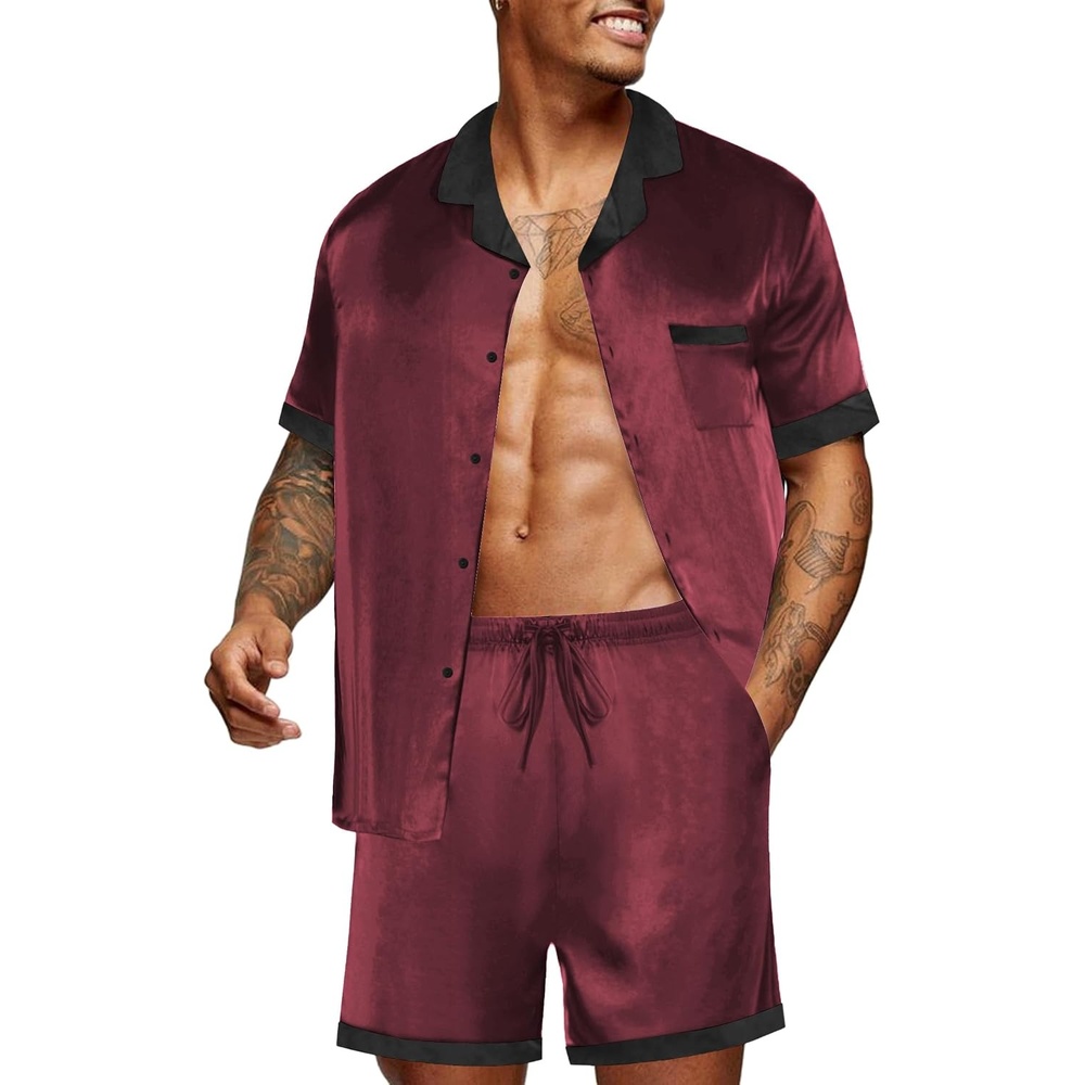 image:imageEkouaer Men Silk Pajamas Set 2 Pieces Satin Pj Button Down Loungewear SetsWine Red