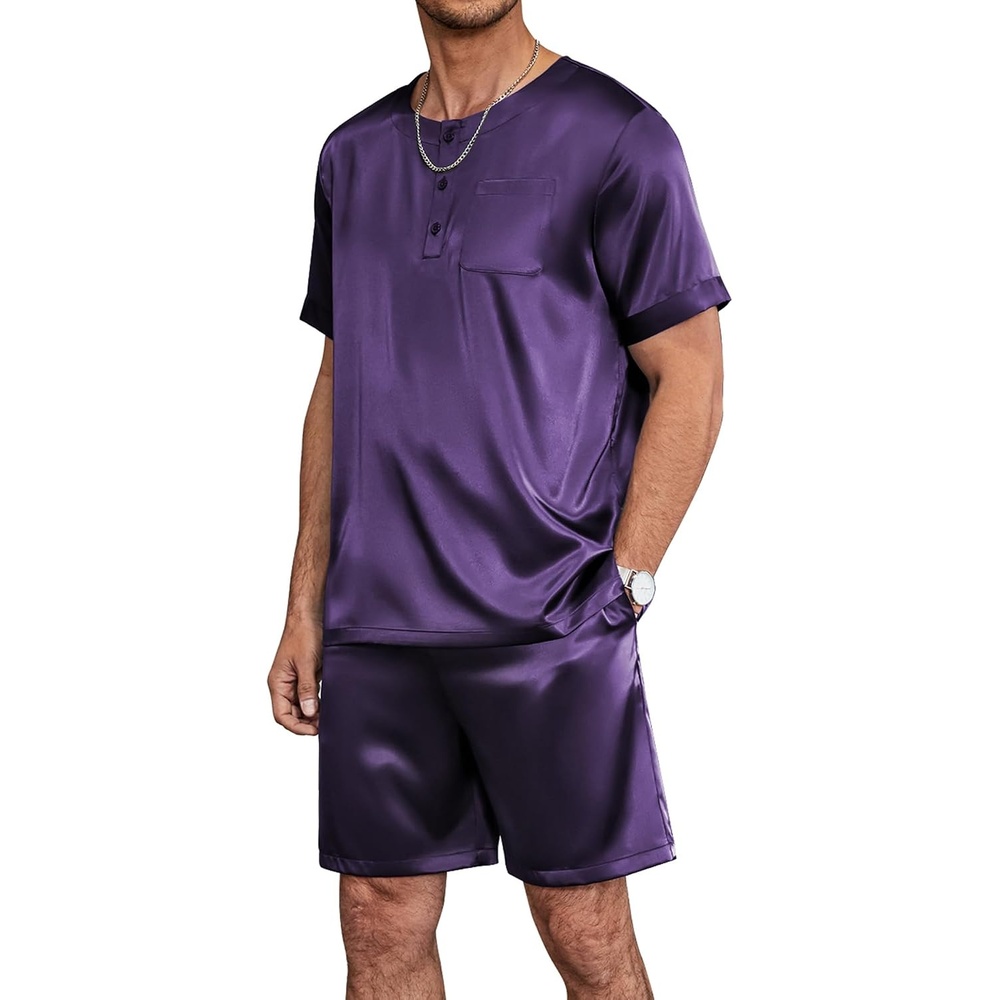 image:imageEkouaer Mens Pajamas Set 2 Piece Silk Pjs Sets Button Down LoungewearDeep Purple