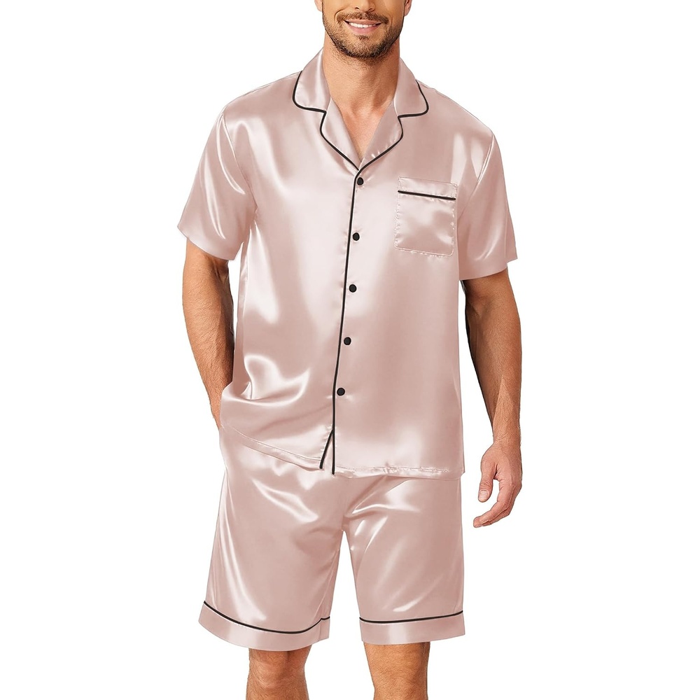 image:imageEkouaer Mens Pajamas Set Silk Satin Pjs Short Sleeve Button Up Lounge SetsChampagne