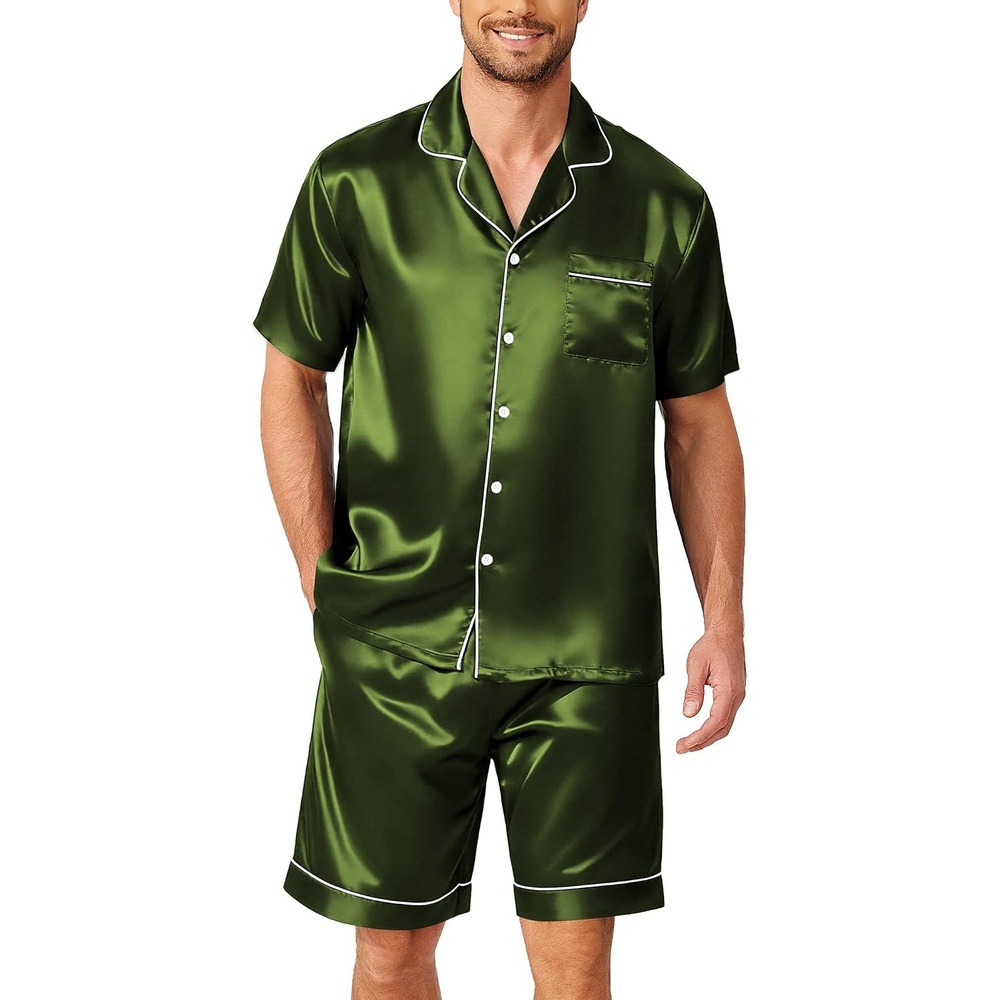 image:imageEkouaer Mens Pajamas Set Silk Satin Pjs Short Sleeve Button Up Lounge SetsDark Army Green