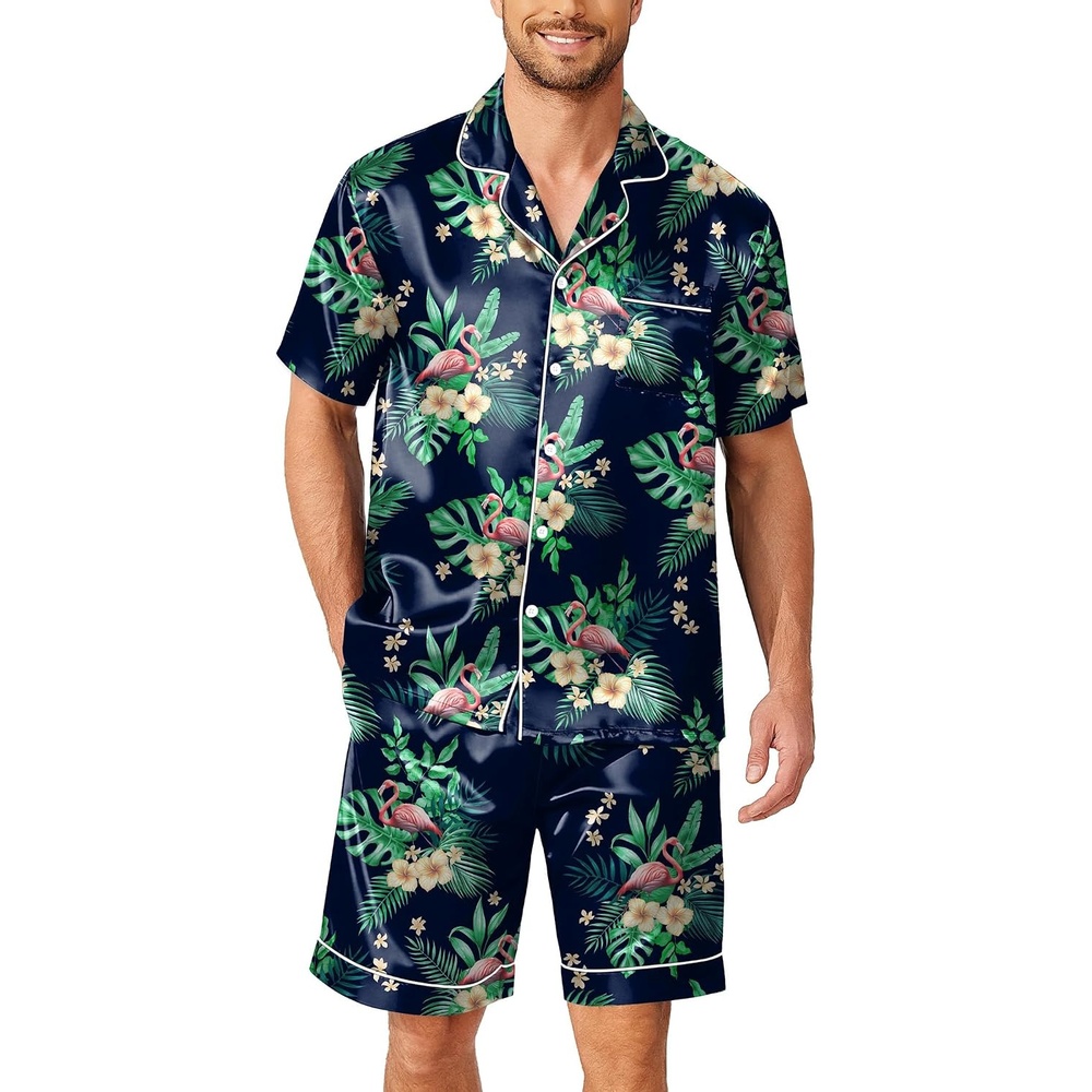 image:imageEkouaer Mens Pajamas Set Silk Satin Pjs Short Sleeve Button Up Lounge SetsFlamingo Green