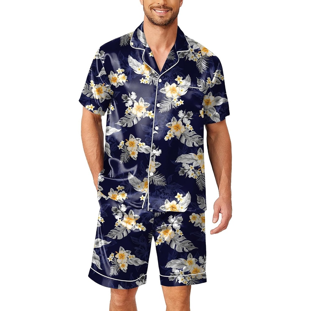 image:imageEkouaer Mens Pajamas Set Silk Satin Pjs Short Sleeve Button Up Lounge SetsHawaiian Flowers