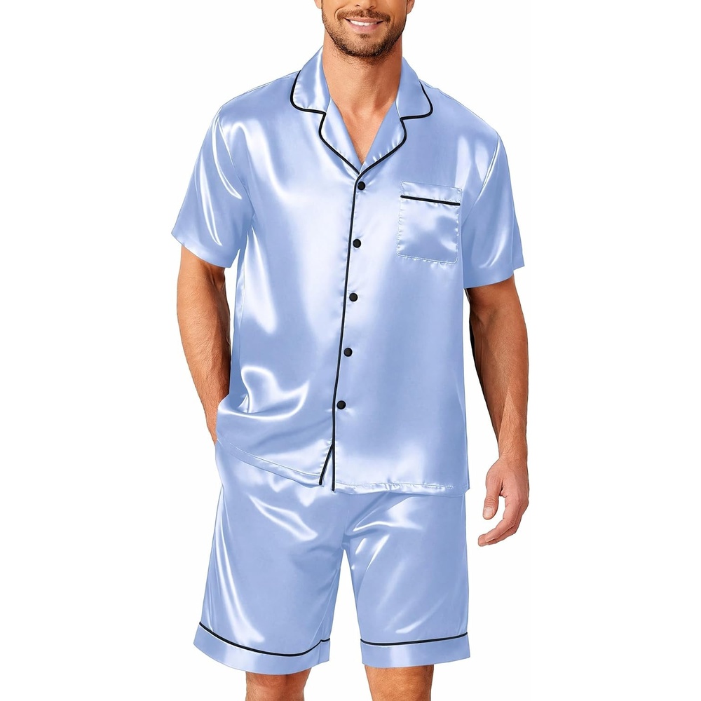 image:imageEkouaer Mens Pajamas Set Silk Satin Pjs Short Sleeve Button Up Lounge SetsLight Blue