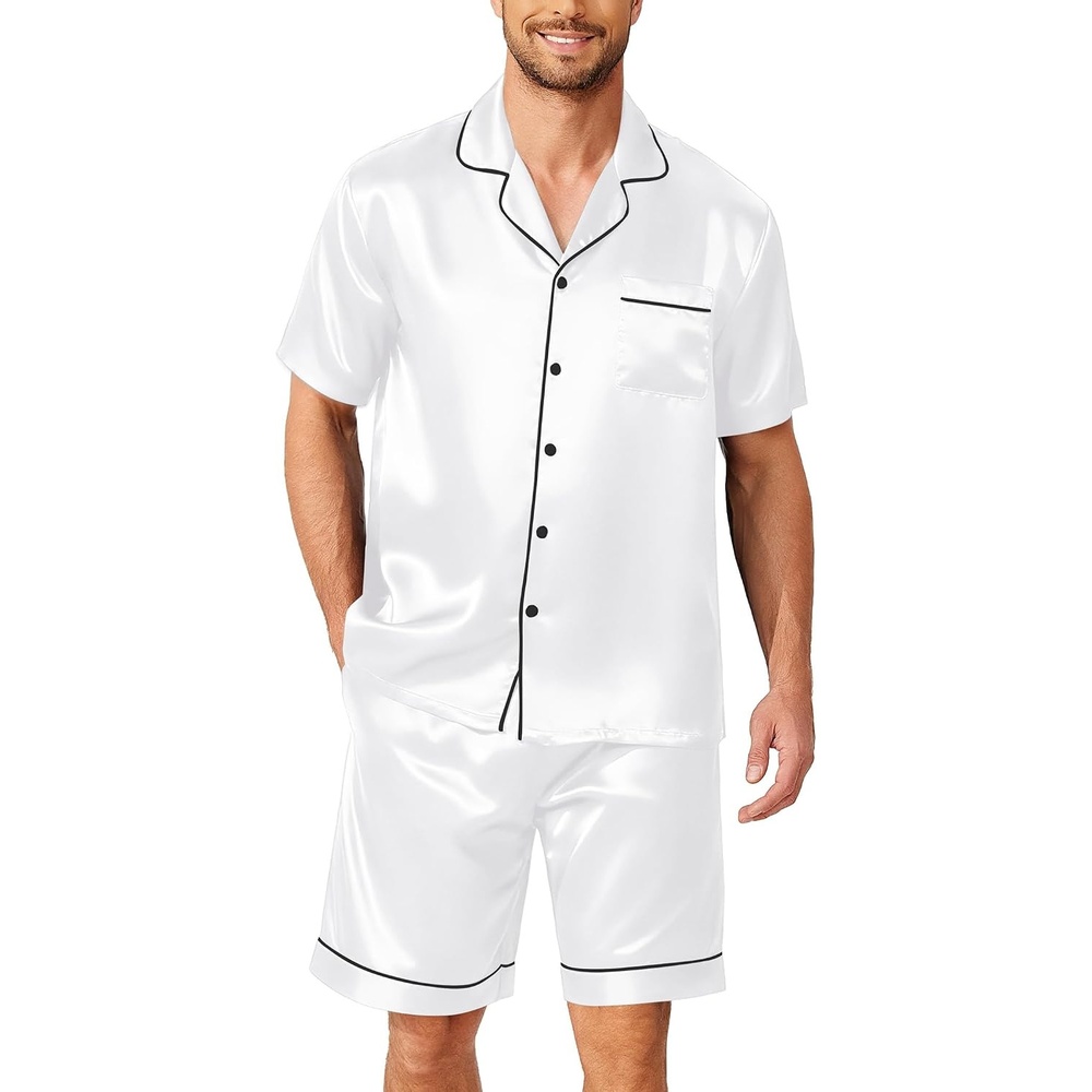 image:imageEkouaer Mens Pajamas Set Silk Satin Pjs Short Sleeve Button Up Lounge SetsWhite