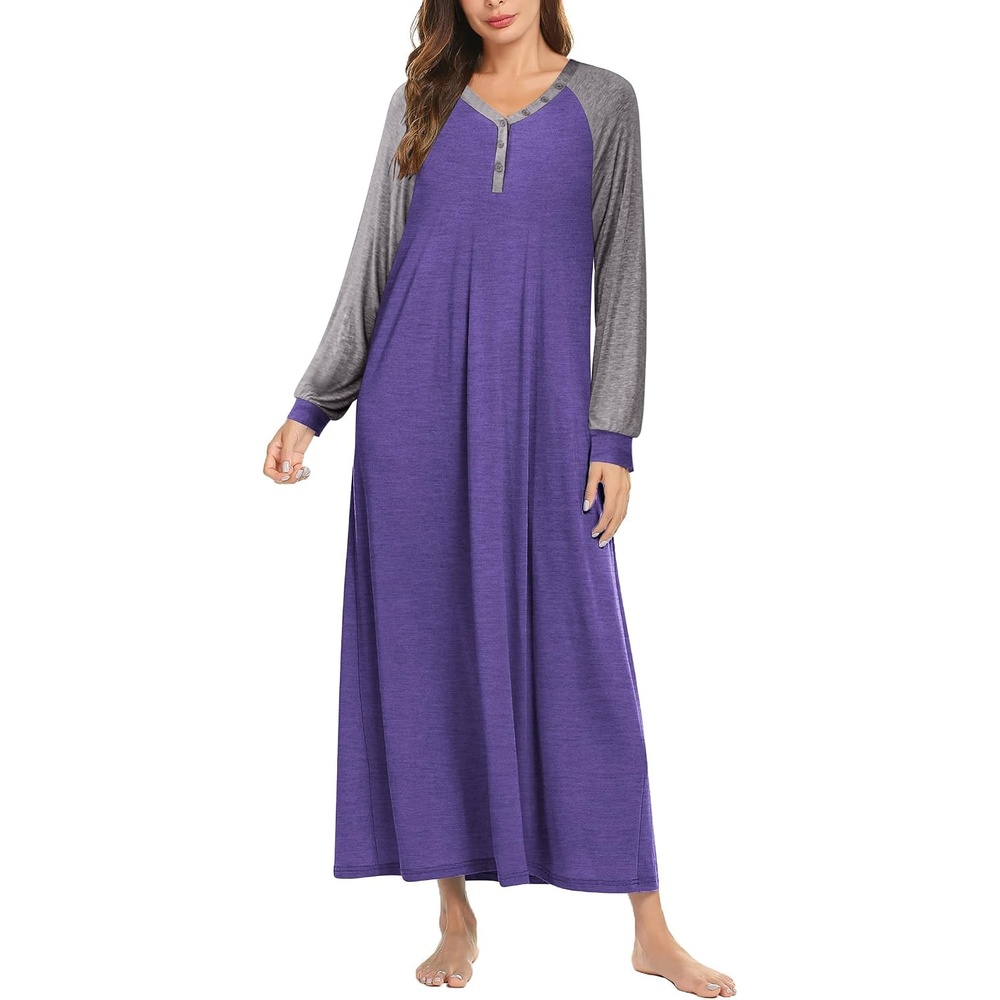 image:imageEkouaer Nightgown for Women Long Sleeve Sleepshirt Full Length NightshirtPurple