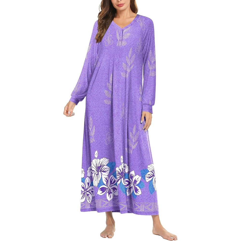 image:imageEkouaer Nightgown for Women Long Sleeve Sleepshirt Full Length NightshirtPurple Floral