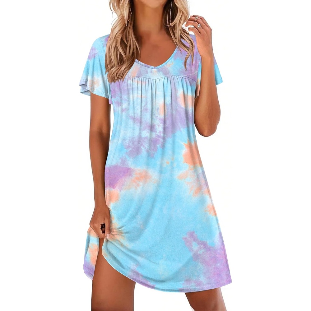 image:imageEkouaer Nightgowns for Women Short Sleeve House Dress Pleated Night GownBlue Tie Dye