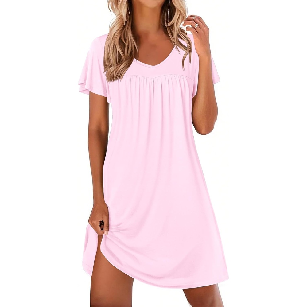 image:imageEkouaer Nightgowns for Women Short Sleeve House Dress Pleated Night GownPink