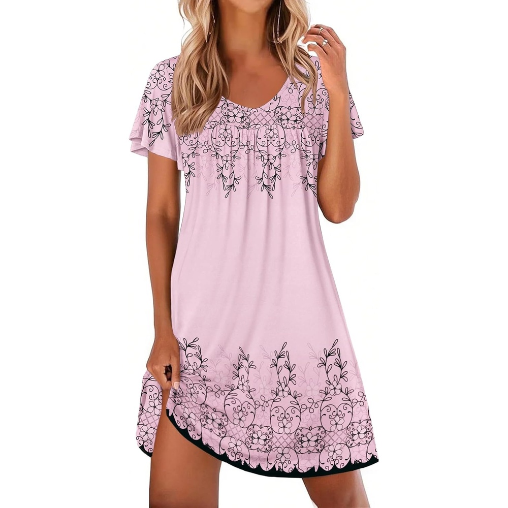 image:imageEkouaer Nightgowns for Women Short Sleeve House Dress Pleated Night GownPink Floral
