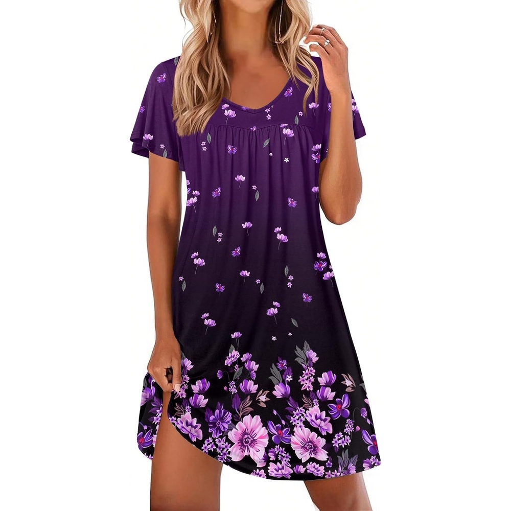 image:imageEkouaer Nightgowns for Women Short Sleeve House Dress Pleated Night GownPurple Floral
