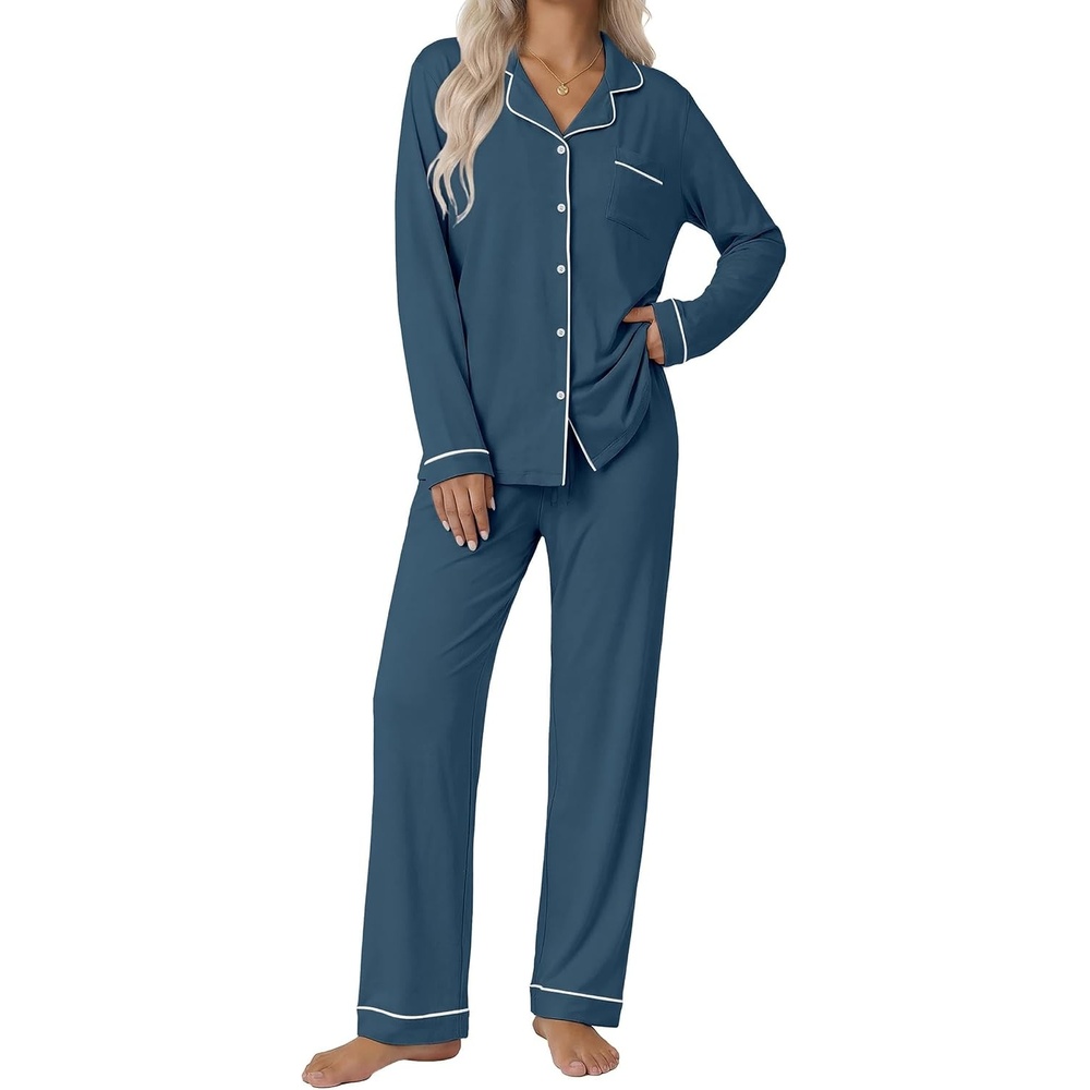image:imageEkouaer Pajamas Womens Long Sleeve Sleepwear Button Down Loungewear Pjs SetDark Blue