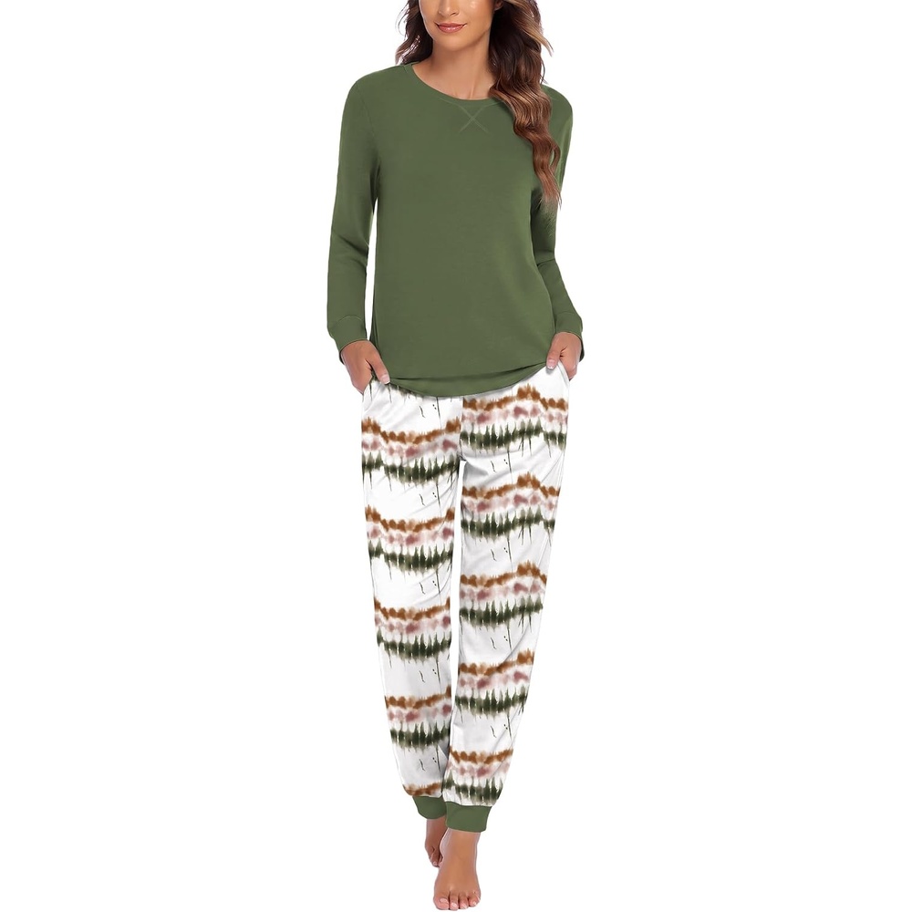 image:imageEkouaer Pajamas for Women Comfy Long Sleeve Jogger Set Lounge Pjs SetArmy Green Stripes