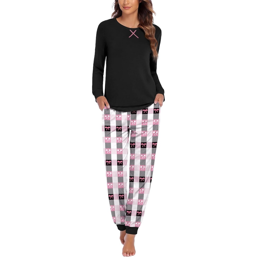 image:imageEkouaer Pajamas for Women Comfy Long Sleeve Jogger Set Lounge Pjs SetBlack Pink Contrast Plaid