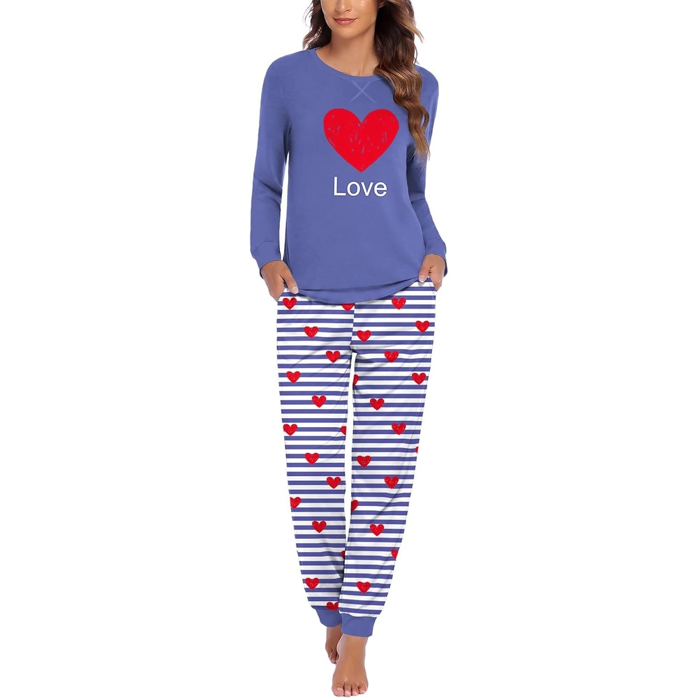 image:imageEkouaer Pajamas for Women Comfy Long Sleeve Jogger Set Lounge Pjs SetBlue Stripe Hearts