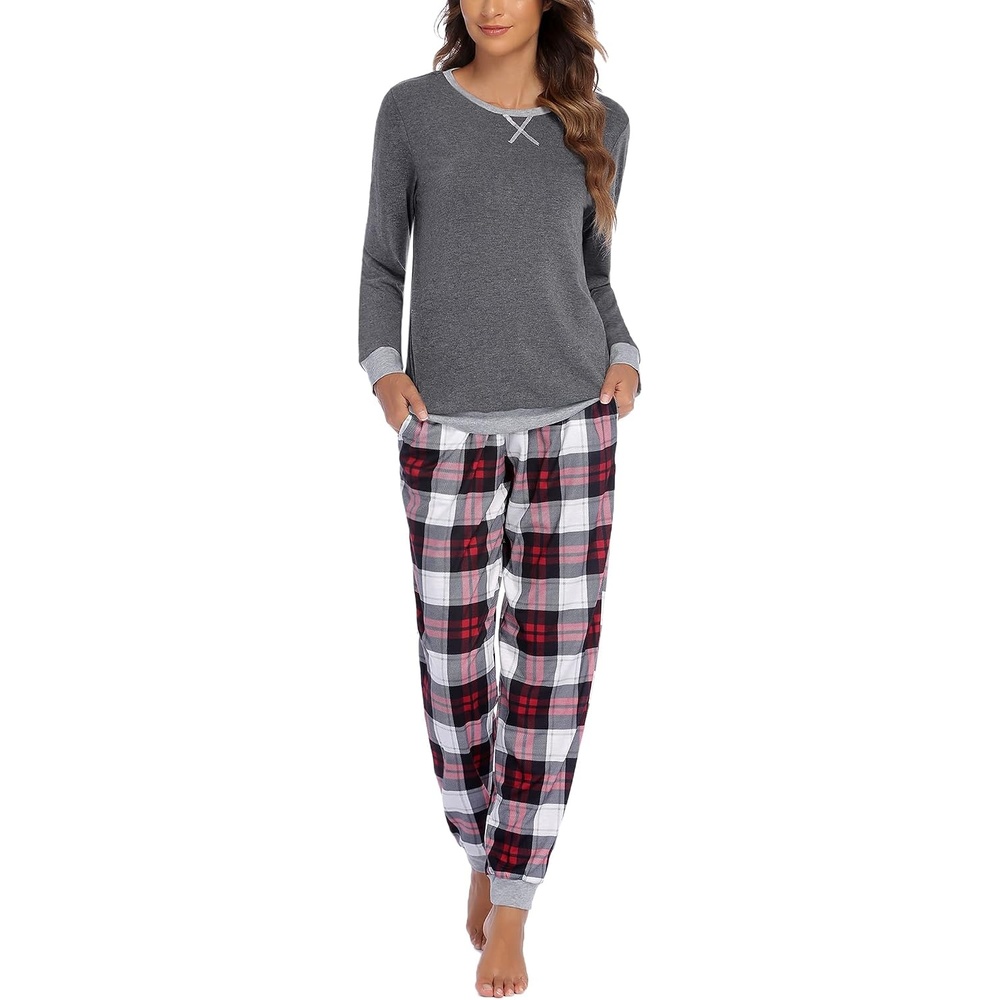 image:imageEkouaer Pajamas for Women Comfy Long Sleeve Jogger Set Lounge Pjs SetClassic Grey Plaid