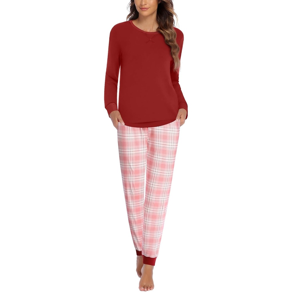 image:imageEkouaer Pajamas for Women Comfy Long Sleeve Jogger Set Lounge Pjs SetLight Red Plaid