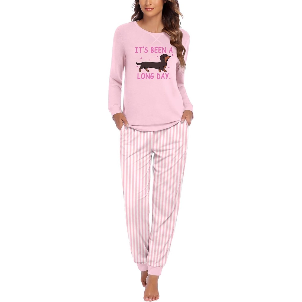 image:imageEkouaer Pajamas for Women Comfy Long Sleeve Jogger Set Lounge Pjs SetPink Dog and Stripes