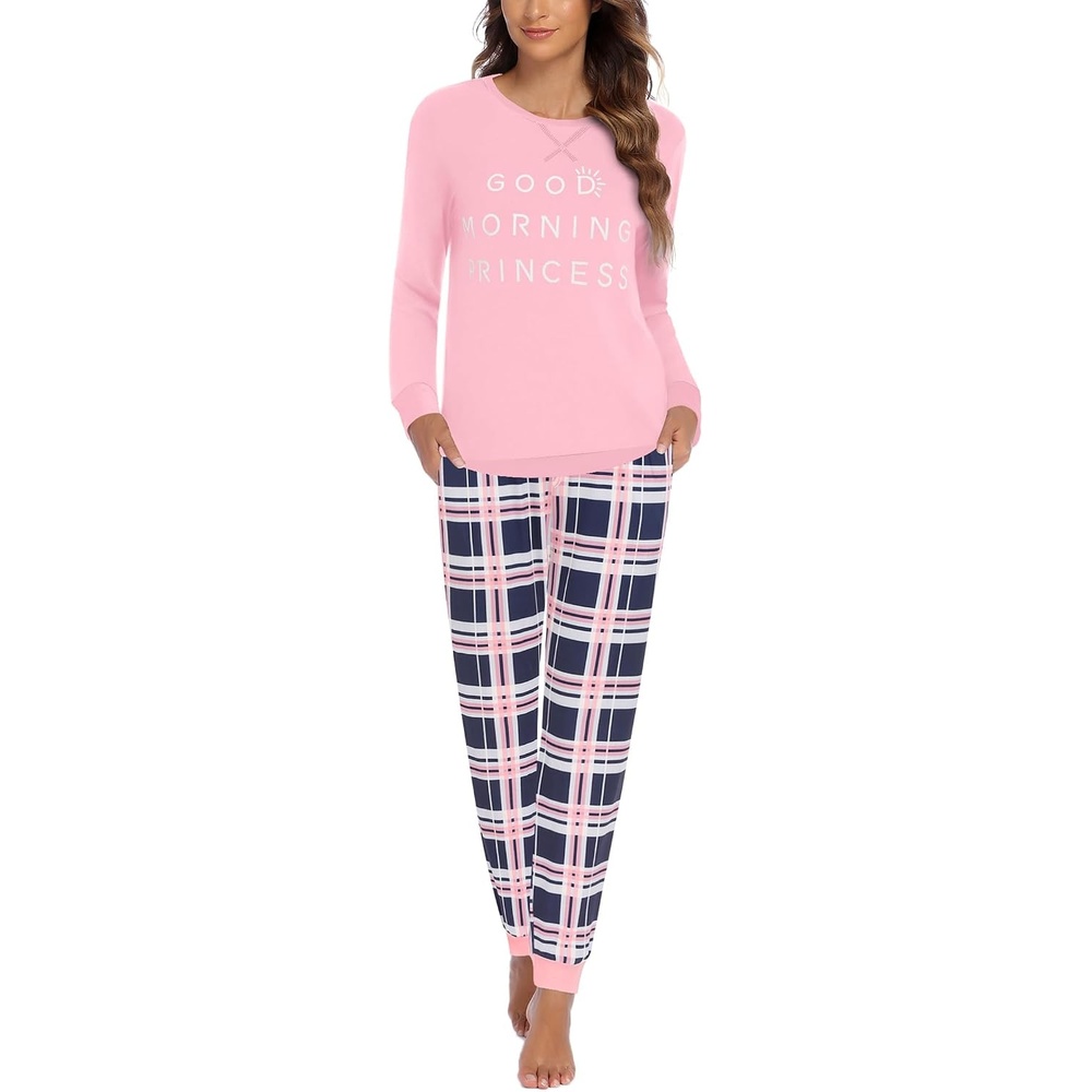 image:imageEkouaer Pajamas for Women Comfy Long Sleeve Jogger Set Lounge Pjs SetPink Princess Plaid