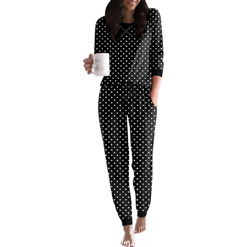 image:imageEkouaer Pajamas for Women Comfy Long Sleeve Jogger Set Lounge Pjs SetPolka Dotsblack