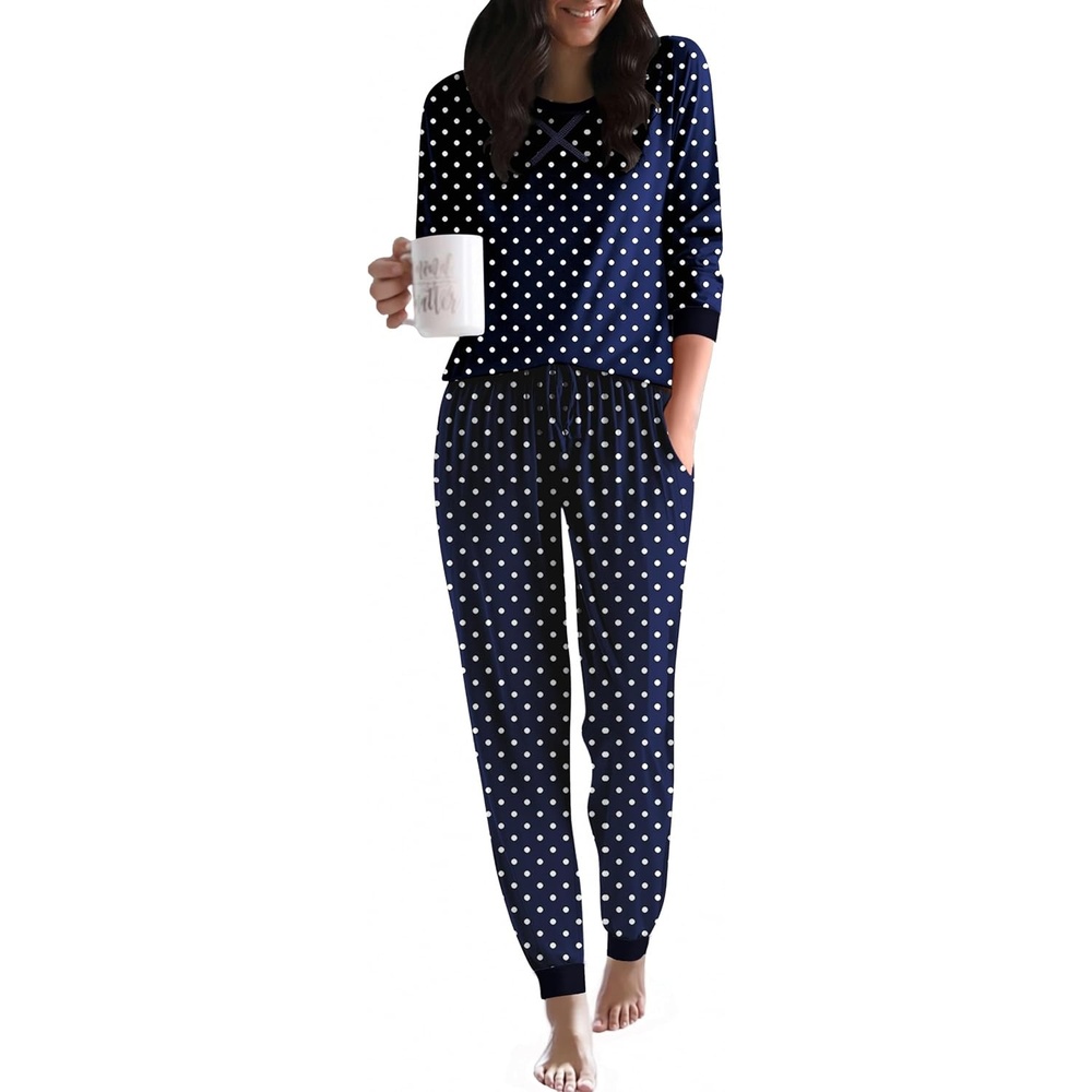 image:imageEkouaer Pajamas for Women Comfy Long Sleeve Jogger Set Lounge Pjs SetPolka Dotsnavy Blue