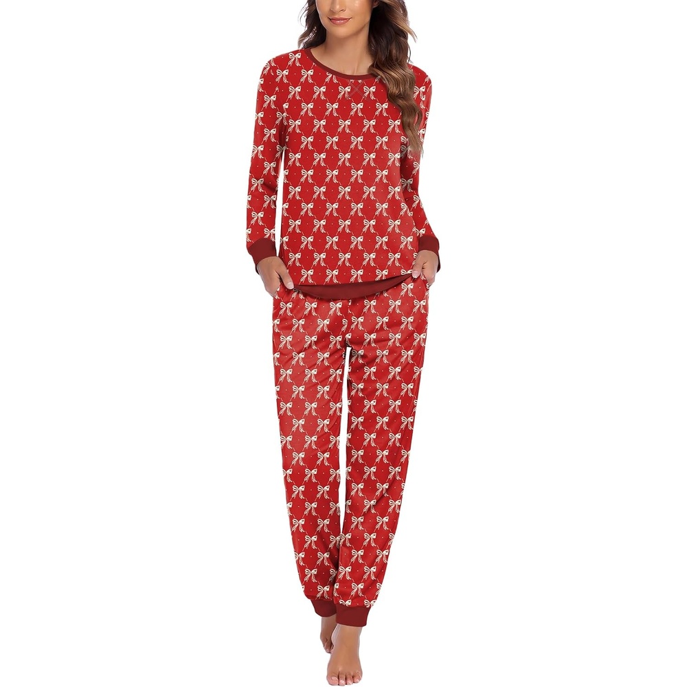 image:imageEkouaer Pajamas for Women Comfy Long Sleeve Jogger Set Lounge Pjs SetWine Red Bow Knot