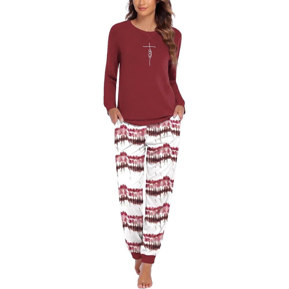 image:imageEkouaer Pajamas for Women Comfy Long Sleeve Jogger Set Lounge Pjs SetWine Red Contrast Stripes