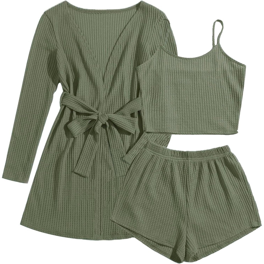 image:imageEkouaer Pajamas for Women Set 3 Piece Soft Waffle Knit Loungewear OutfitArmy Green