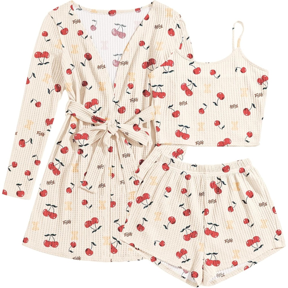 image:imageEkouaer Pajamas for Women Set 3 Piece Soft Waffle Knit Loungewear OutfitCherry Teddy Bear