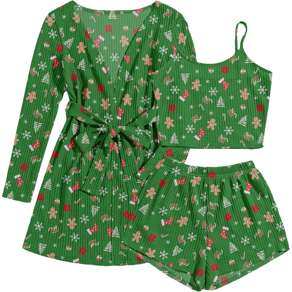 image:imageEkouaer Pajamas for Women Set 3 Piece Soft Waffle Knit Loungewear OutfitGreen Christmas Pattern