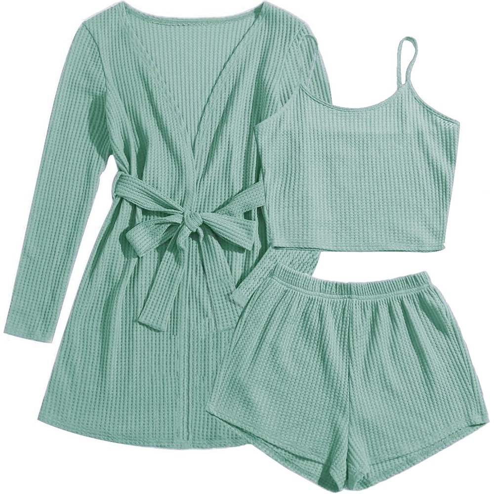 image:imageEkouaer Pajamas for Women Set 3 Piece Soft Waffle Knit Loungewear OutfitGrey Green