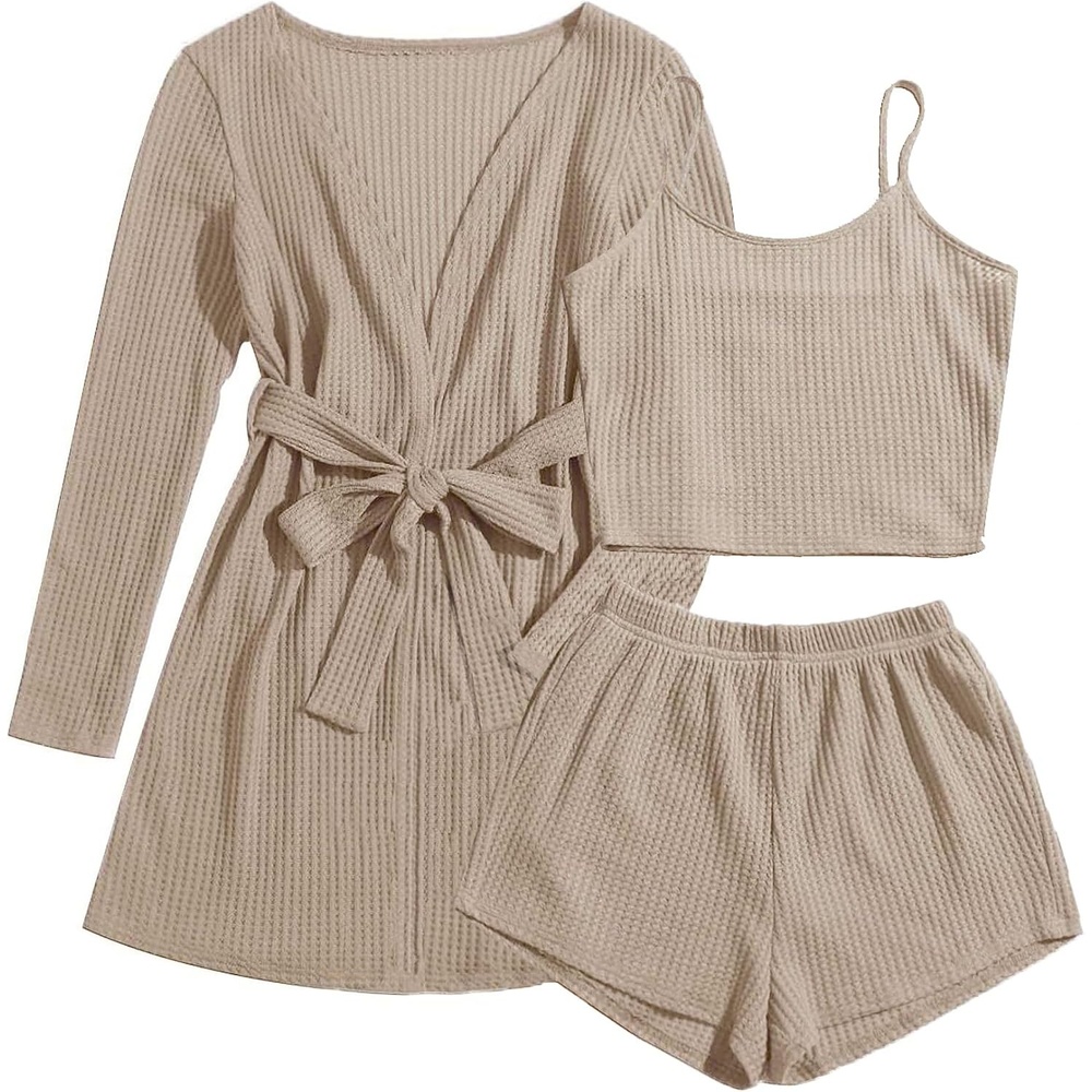 image:imageEkouaer Pajamas for Women Set 3 Piece Soft Waffle Knit Loungewear OutfitKhaki
