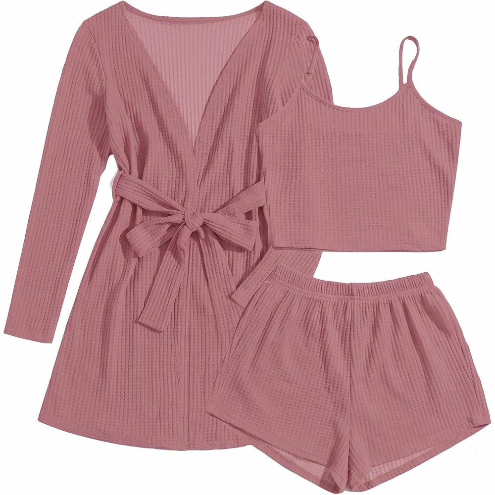 image:imageEkouaer Pajamas for Women Set 3 Piece Soft Waffle Knit Loungewear OutfitPeach Pink