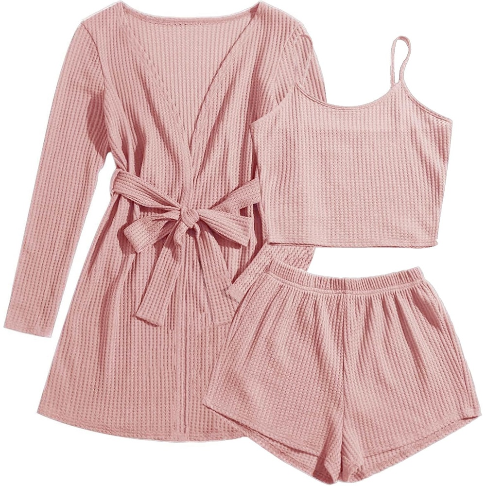 image:imageEkouaer Pajamas for Women Set 3 Piece Soft Waffle Knit Loungewear OutfitPink