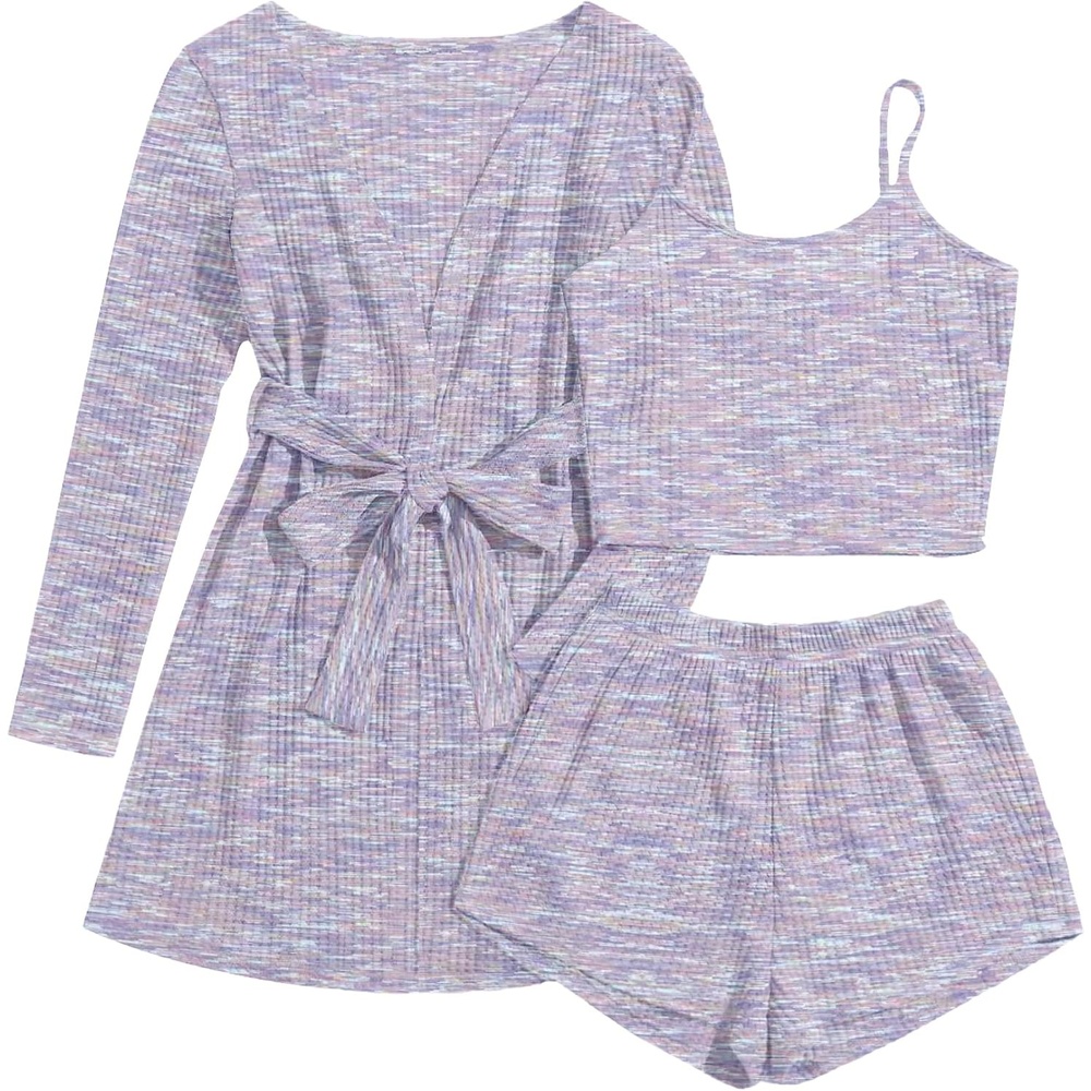 image:imageEkouaer Pajamas for Women Set 3 Piece Soft Waffle Knit Loungewear OutfitPurple Tie Dye